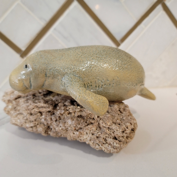 Ceramic manatee on a shell rock. This plus size mermaid is cute beach decor! - Picture 10 of 12